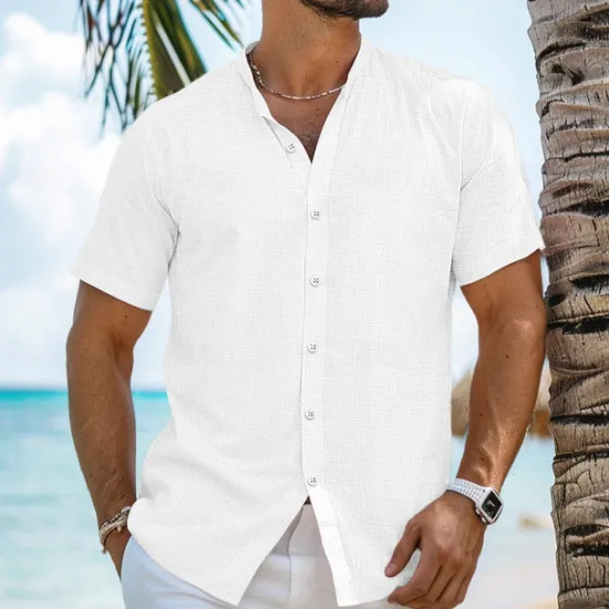Sale OUKU Men's Shirt Linen Shirt Band Collar Shirt Summer Shirt Beach Wear Button Up Shirt Plain Vacation Curise Black White Blue Orange Short Sleeve Band Collar Summer Clothing Apparel