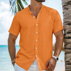 Sale OUKU Men's Shirt Linen Shirt Band Collar Shirt Summer Shirt Beach Wear Button Up Shirt Plain Vacation Curise Black White Blue Orange Short Sleeve Band Collar Summer Clothing Apparel