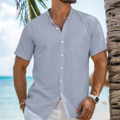 Sale OUKU Men's Shirt Linen Shirt Band Collar Shirt Summer Shirt Beach Wear Button Up Shirt Plain Vacation Curise Black White Blue Orange Short Sleeve Band Collar Summer Clothing Apparel