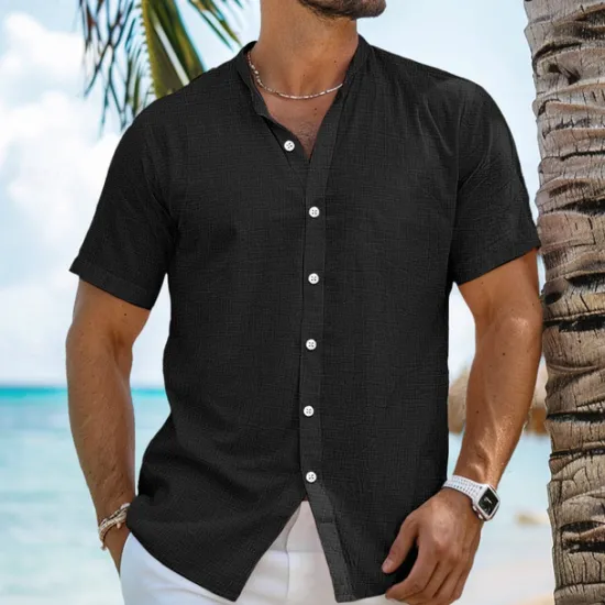 Sale OUKU Men's Shirt Linen Shirt Band Collar Shirt Summer Shirt Beach Wear Button Up Shirt Plain Vacation Curise Black White Blue Orange Short Sleeve Band Collar Summer Clothing Apparel