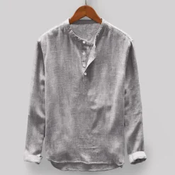 Online OUKU Men's Shirt Linen Shirt Band Collar Shirt Summer Shirt Beach Wear Solid Color Vacation Casual Light Blue Black White Light Grey Half Sleeve Collar Clothing Apparel