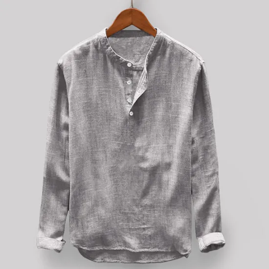 Online OUKU Men's Shirt Linen Shirt Band Collar Shirt Summer Shirt Beach Wear Solid Color Vacation Casual Light Blue Black White Light Grey Half Sleeve Collar Clothing Apparel