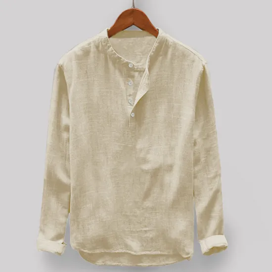 Online OUKU Men's Shirt Linen Shirt Band Collar Shirt Summer Shirt Beach Wear Solid Color Vacation Casual Light Blue Black White Light Grey Half Sleeve Collar Clothing Apparel