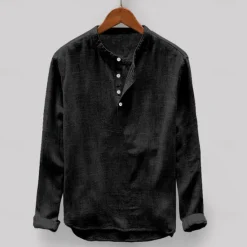 Online OUKU Men's Shirt Linen Shirt Band Collar Shirt Summer Shirt Beach Wear Solid Color Vacation Casual Light Blue Black White Light Grey Half Sleeve Collar Clothing Apparel