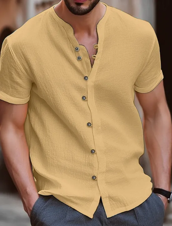 Online OUKU Men's Shirt Linen Shirt Band Collar Shirt Summer Shirt Beach Wear Button Up Shirt Plain Vacation Casual Black White Blue Khaki Short Sleeve Band Collar Summer Clothing Apparel