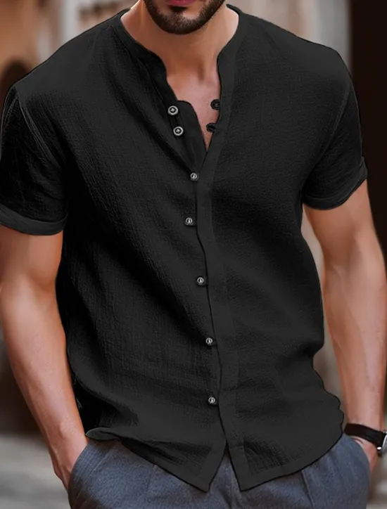 Online OUKU Men's Shirt Linen Shirt Band Collar Shirt Summer Shirt Beach Wear Button Up Shirt Plain Vacation Casual Black White Blue Khaki Short Sleeve Band Collar Summer Clothing Apparel