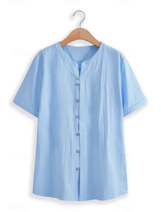 Online OUKU Men's Shirt Linen Shirt Band Collar Shirt Summer Shirt Beach Wear Button Up Shirt Plain Vacation Casual Black White Blue Khaki Short Sleeve Band Collar Summer Clothing Apparel