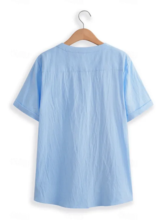 Online OUKU Men's Shirt Linen Shirt Band Collar Shirt Summer Shirt Beach Wear Button Up Shirt Plain Vacation Casual Black White Blue Khaki Short Sleeve Band Collar Summer Clothing Apparel