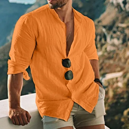 New OUKU Men's Shirt Linen Shirt Band Collar Shirt Summer Shirt Beach Wear Button Up Shirt Solid Color Outdoor Vacation Black White Yellow Light Green Long Sleeve Collar Spring Fall Clothing Apparel