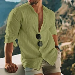 New OUKU Men's Shirt Linen Shirt Band Collar Shirt Summer Shirt Beach Wear Button Up Shirt Solid Color Outdoor Vacation Black White Yellow Light Green Long Sleeve Collar Spring Fall Clothing Apparel