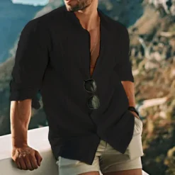 New OUKU Men's Shirt Linen Shirt Band Collar Shirt Summer Shirt Beach Wear Button Up Shirt Solid Color Outdoor Vacation Black White Yellow Light Green Long Sleeve Collar Spring Fall Clothing Apparel