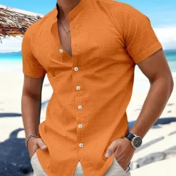 New OUKU Men's Shirt Linen Shirt Band Collar Shirt Summer Shirt Beach Wear Button Up Shirt Plain Vacation Curise Black White Blue Orange Short Sleeve Band Collar Summer Clothing Apparel