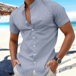 New OUKU Men's Shirt Linen Shirt Band Collar Shirt Summer Shirt Beach Wear Button Up Shirt Plain Vacation Curise Black White Blue Orange Short Sleeve Band Collar Summer Clothing Apparel
