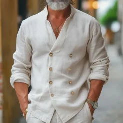 Best OUKU Men's Shirt Linen Shirt Band Collar Shirt Summer Shirt Beach Wear Button Up Shirt Plain Casual Daily Black White Blue Long Sleeve Band Collar Spring & Summer Clothing Apparel