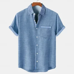 Best OUKU Men's Shirt Linen Shirt Beach Shirt Plaid Home Holiday Blue Green khaki Short Sleeve Turndown Summer Clothing Apparel