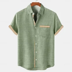 Best OUKU Men's Shirt Linen Shirt Beach Shirt Plaid Home Holiday Blue Green khaki Short Sleeve Turndown Summer Clothing Apparel