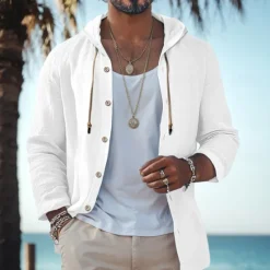 Outlet OUKU Men's Shirt Linen Shirt Beach Wear Button Up Shirt Hooded Shirt Plain Vacation Curise Black White Green Khaki Long Sleeve Hooded Spring & Summer Clothing Apparel Buttons