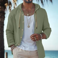 Outlet OUKU Men's Shirt Linen Shirt Beach Wear Button Up Shirt Hooded Shirt Plain Vacation Curise Black White Green Khaki Long Sleeve Hooded Spring & Summer Clothing Apparel Buttons