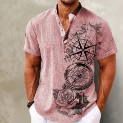Clearance OUKU Men's Shirt Linen Shirt Beach Shirt Graphic Prints Outdoor Vacation Pink Blue Green Khaki Short Sleeve Stand Collar Summer Spring Clothing Apparel Print