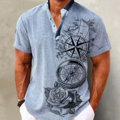 Clearance OUKU Men's Shirt Linen Shirt Beach Shirt Graphic Prints Outdoor Vacation Pink Blue Green Khaki Short Sleeve Stand Collar Summer Spring Clothing Apparel Print
