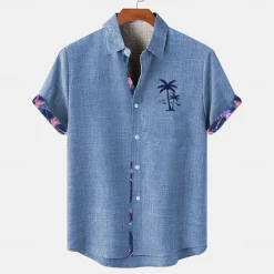 Sale OUKU Men's Shirt Linen Shirt Beach Shirt Summer Hawaiian Shirt Coconut Tree Vacation Holiday Pink Blue khaki Short Sleeves Turndown Summer Clothing Apparel