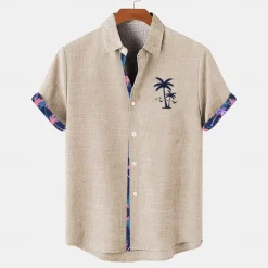 Sale OUKU Men's Shirt Linen Shirt Beach Shirt Summer Hawaiian Shirt Coconut Tree Vacation Holiday Pink Blue khaki Short Sleeves Turndown Summer Clothing Apparel