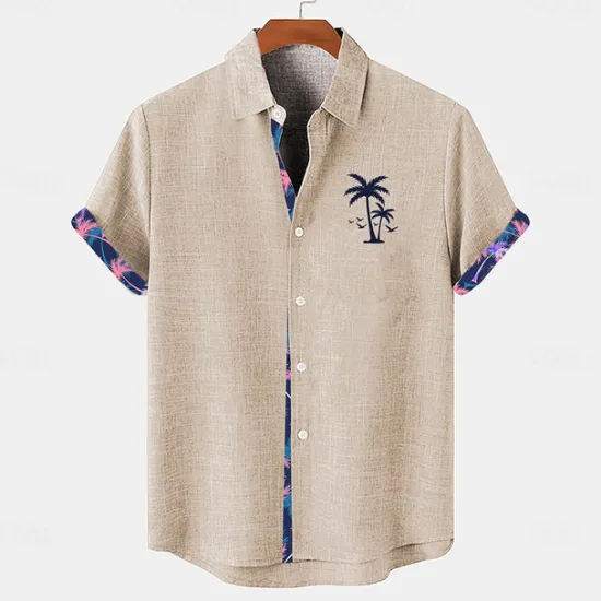 Sale OUKU Men's Shirt Linen Shirt Beach Shirt Summer Hawaiian Shirt Coconut Tree Vacation Holiday Pink Blue khaki Short Sleeves Turndown Summer Clothing Apparel