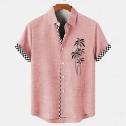 Discount OUKU Men's Shirt Linen Shirt Beach Shirt Summer Hawaiian Shirt Coconut Tree Vacation Holiday Pink Blue khaki Short Sleeves Turndown Summer Clothing Apparel