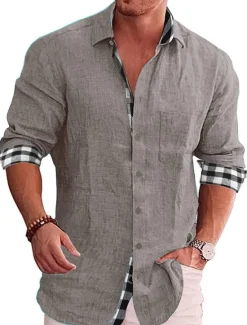 OUKU Men's Shirt Linen Shirt Button Up Shirt Summer Shirt Beach Shirt Black White Pink Long Sleeve Color Block Lapel Spring & Fall Casual Daily Clothing Apparel