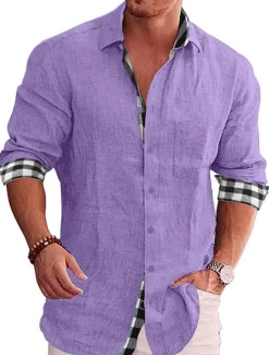OUKU Men's Shirt Linen Shirt Button Up Shirt Summer Shirt Beach Shirt Black White Pink Long Sleeve Color Block Lapel Spring & Fall Casual Daily Clothing Apparel