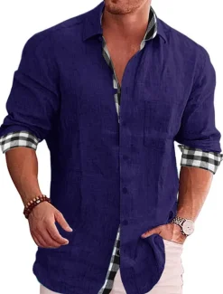 OUKU Men's Shirt Linen Shirt Button Up Shirt Summer Shirt Beach Shirt Black White Pink Long Sleeve Color Block Lapel Spring & Fall Casual Daily Clothing Apparel