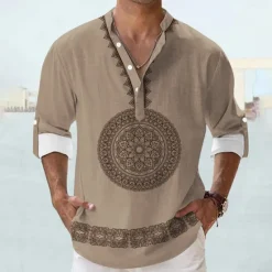 New OUKU Men's Shirt Linen Shirt Button Up Shirt Long Sleeve Tribal Fashion Casual Vacation Causal Casual Summer Spring & Fall Stand Collar Buttons Print Black Khaki Beige