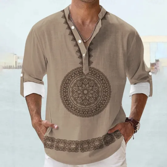 New OUKU Men's Shirt Linen Shirt Button Up Shirt Long Sleeve Tribal Fashion Casual Vacation Causal Casual Summer Spring & Fall Stand Collar Buttons Print Black Khaki Beige