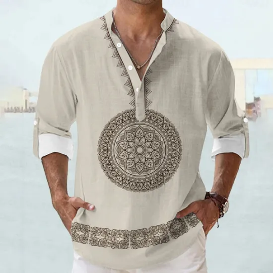 New OUKU Men's Shirt Linen Shirt Button Up Shirt Long Sleeve Tribal Fashion Casual Vacation Causal Casual Summer Spring & Fall Stand Collar Buttons Print Black Khaki Beige