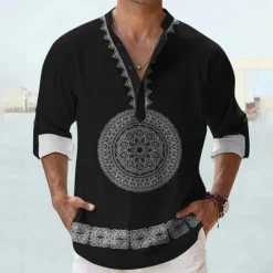 New OUKU Men's Shirt Linen Shirt Button Up Shirt Long Sleeve Tribal Fashion Casual Vacation Causal Casual Summer Spring & Fall Stand Collar Buttons Print Black Khaki Beige