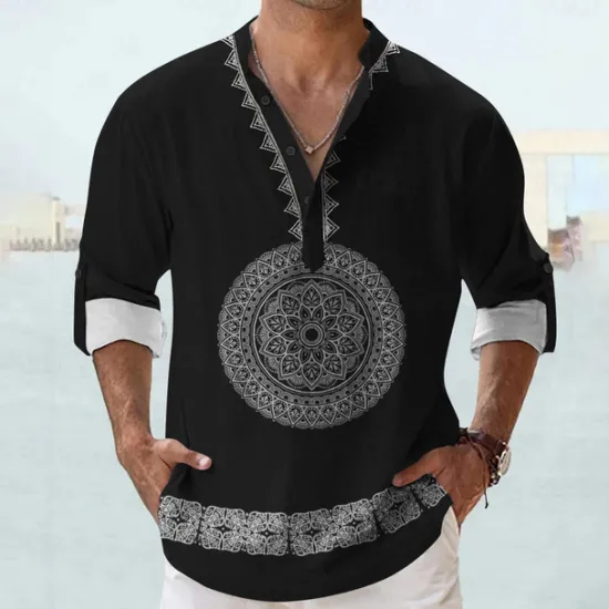 New OUKU Men's Shirt Linen Shirt Button Up Shirt Long Sleeve Tribal Fashion Casual Vacation Causal Casual Summer Spring & Fall Stand Collar Buttons Print Black Khaki Beige