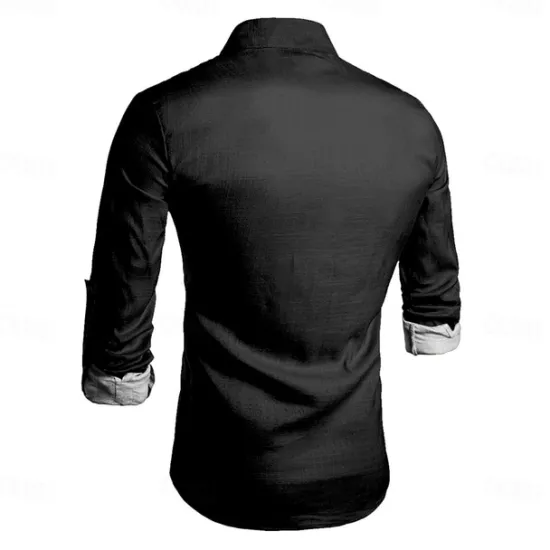 New OUKU Men's Shirt Linen Shirt Button Up Shirt Long Sleeve Tribal Fashion Casual Vacation Causal Casual Summer Spring & Fall Stand Collar Buttons Print Black Khaki Beige