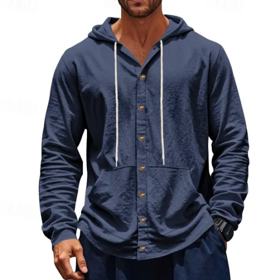 Online OUKU Men's Shirt Linen Shirt Casual Shirt Button Up Shirt Cotton Shirt Plain Vacation Hawaiian Black White Yellow Navy Blue Long Sleeve Hooded Spring Fall Clothing Apparel Pocket