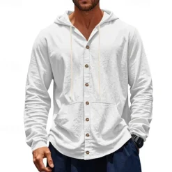 Online OUKU Men's Shirt Linen Shirt Casual Shirt Button Up Shirt Cotton Shirt Plain Vacation Hawaiian Black White Yellow Navy Blue Long Sleeve Hooded Spring Fall Clothing Apparel Pocket