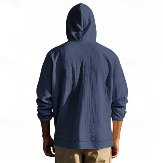 Online OUKU Men's Shirt Linen Shirt Casual Shirt Button Up Shirt Cotton Shirt Plain Vacation Hawaiian Black White Yellow Navy Blue Long Sleeve Hooded Spring Fall Clothing Apparel Pocket