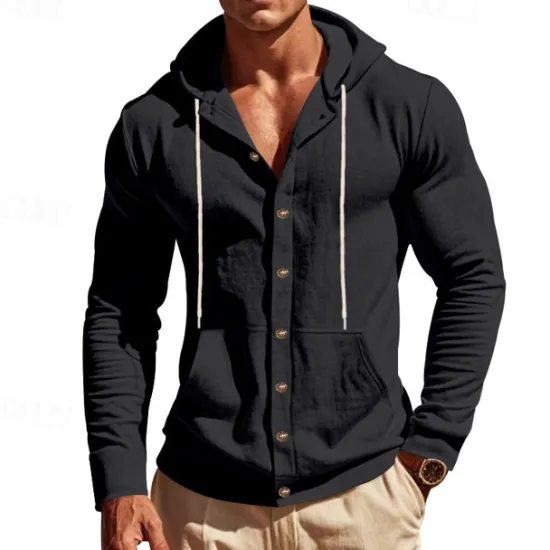 Online OUKU Men's Shirt Linen Shirt Casual Shirt Button Up Shirt Cotton Shirt Plain Vacation Hawaiian Black White Yellow Navy Blue Long Sleeve Hooded Spring Fall Clothing Apparel Pocket