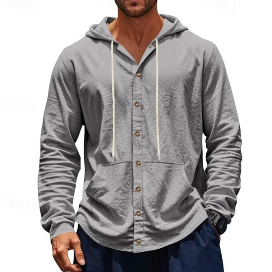 Online OUKU Men's Shirt Linen Shirt Casual Shirt Button Up Shirt Cotton Shirt Plain Vacation Hawaiian Black White Yellow Navy Blue Long Sleeve Hooded Spring Fall Clothing Apparel Pocket