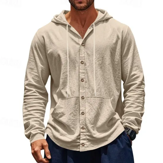Online OUKU Men's Shirt Linen Shirt Casual Shirt Button Up Shirt Cotton Shirt Plain Vacation Hawaiian Black White Yellow Navy Blue Long Sleeve Hooded Spring Fall Clothing Apparel Pocket