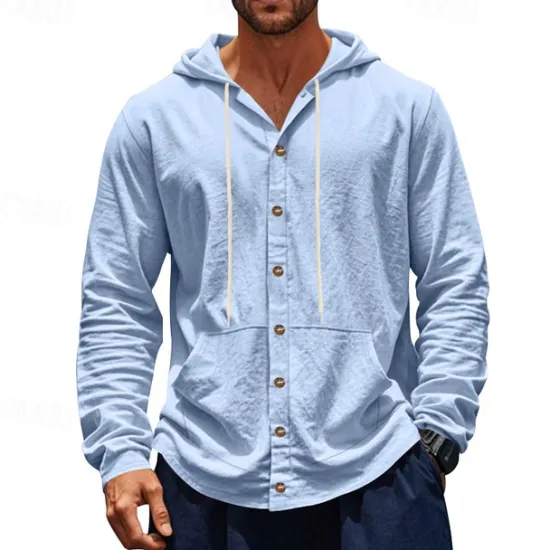 Online OUKU Men's Shirt Linen Shirt Casual Shirt Button Up Shirt Cotton Shirt Plain Vacation Hawaiian Black White Yellow Navy Blue Long Sleeve Hooded Spring Fall Clothing Apparel Pocket