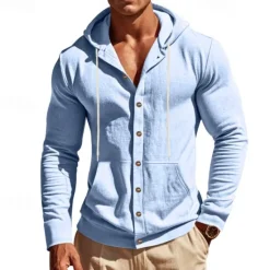 Online OUKU Men's Shirt Linen Shirt Casual Shirt Button Up Shirt Cotton Shirt Plain Vacation Hawaiian Black White Yellow Navy Blue Long Sleeve Hooded Spring Fall Clothing Apparel Pocket