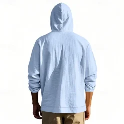 Online OUKU Men's Shirt Linen Shirt Casual Shirt Button Up Shirt Cotton Shirt Plain Vacation Hawaiian Black White Yellow Navy Blue Long Sleeve Hooded Spring Fall Clothing Apparel Pocket