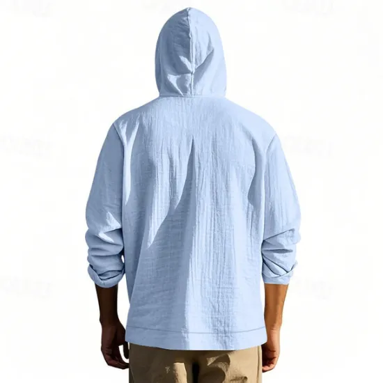 Online OUKU Men's Shirt Linen Shirt Casual Shirt Button Up Shirt Cotton Shirt Plain Vacation Hawaiian Black White Yellow Navy Blue Long Sleeve Hooded Spring Fall Clothing Apparel Pocket