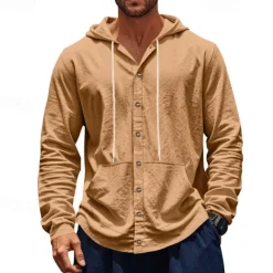 Online OUKU Men's Shirt Linen Shirt Casual Shirt Button Up Shirt Cotton Shirt Plain Vacation Hawaiian Black White Yellow Navy Blue Long Sleeve Hooded Spring Fall Clothing Apparel Pocket
