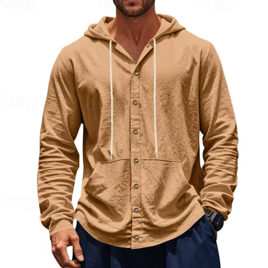 Online OUKU Men's Shirt Linen Shirt Casual Shirt Button Up Shirt Cotton Shirt Plain Vacation Hawaiian Black White Yellow Navy Blue Long Sleeve Hooded Spring Fall Clothing Apparel Pocket