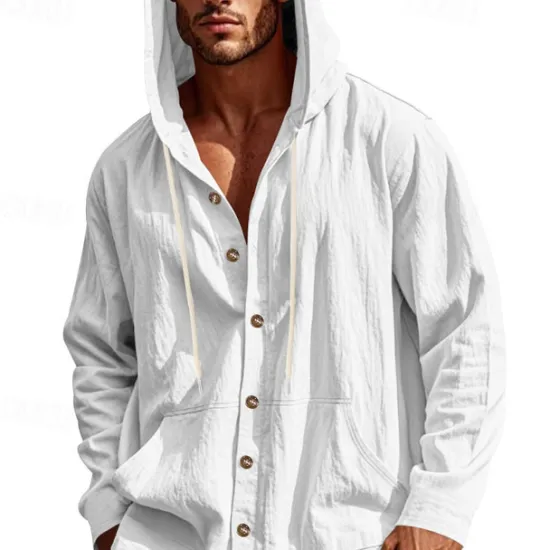 Online OUKU Men's Shirt Linen Shirt Casual Shirt Button Up Shirt Cotton Shirt Plain Vacation Hawaiian Black White Yellow Navy Blue Long Sleeve Hooded Spring Fall Clothing Apparel Pocket